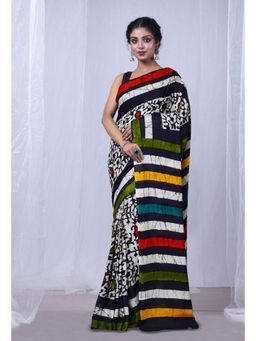 Unnati Silks - Black Pure Wax Batik Printed Superfine Mulmul Cotton Saree with Unstitched Blouse
