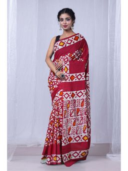 Unnati Silks - Red Pure Wax Batik Printed Superfine Mulmul Cotton Saree with Unstitched Blouse