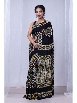 Unnati Silks - Black Pure Wax Batik Printed Superfine Mulmul Cotton Saree with Unstitched Blouse