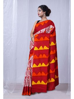 Unnati Silks - Red Pure Wax Batik Printed Superfine Mulmul Cotton Saree with Unstitched Blouse