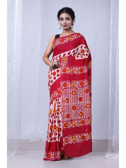 Unnati Silks - Red Pure Wax Batik Printed Superfine Mulmul Cotton Saree with Unstitched Blouse