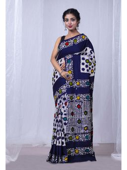 Unnati Silks - Navy Blue Pure Wax Batik Printed Superfine Mulmul Cotton Saree with Unstitched Blouse
