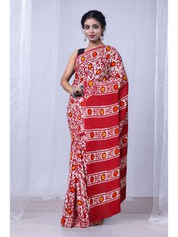 Unnati Silks - Red Pure Wax Batik Printed Superfine Mulmul Cotton Saree with Unstitched Blouse