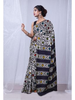Unnati Silks - Black Pure Wax Batik Printed Superfine Mulmul Cotton Saree with Unstitched Blouse