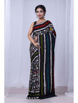 Unnati Silks - Black Pure Wax Batik Printed Superfine Mulmul Cotton Saree with Unstitched Blouse