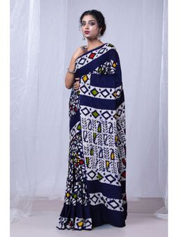Unnati Silks - Navy Blue Pure Wax Batik Printed Superfine Mulmul Cotton Saree with Unstitched Blouse