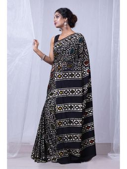 Unnati Silks - Black Pure Wax Batik Printed Superfine Mulmul Cotton Saree with Unstitched Blouse