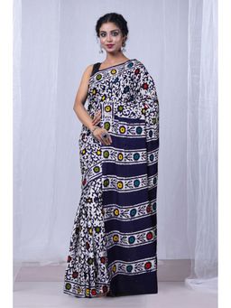 Unnati Silks - Navy Blue Pure Wax Batik Printed Superfine Mulmul Cotton Saree with Unstitched Blouse