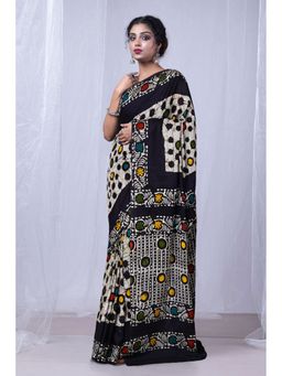 Unnati Silks - Black Pure Wax Batik Printed Superfine Mulmul Cotton Saree with Unstitched Blouse