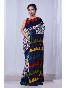 Unnati Silks - Navy Blue Pure Wax Batik Printed Superfine Mulmul Cotton Saree with Unstitched Blouse