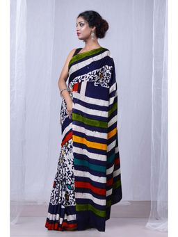 Unnati Silks - Navy Blue Pure Wax Batik Printed Superfine Mulmul Cotton Saree with Unstitched Blouse