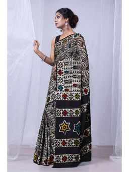 Unnati Silks - Black Pure Wax Batik Printed Superfine Mulmul Cotton Saree with Unstitched Blouse