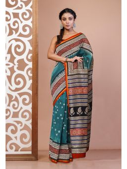 Unnati Silks - Green Pure Bandhani Bagru Block Printed Chanderi Sico Saree with Unstitched Blouse
