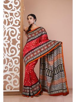 Unnati Silks - Red Pure Bandhani Bagru Block Printed Chanderi Sico Saree with Unstitched Blouse