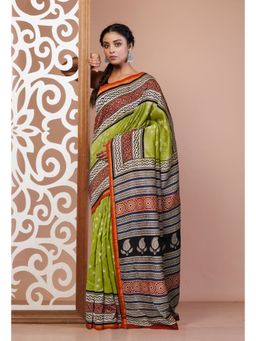 Unnati Silks - Green Pure Bandhani Bagru Block Printed Chanderi Sico Saree with Unstitched Blouse