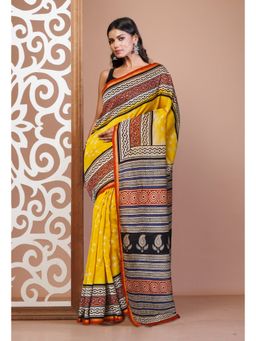 Unnati Silks - Yellow Pure Bandhani Bagru Block Printed Chanderi Sico Saree with Unstitched Blouse