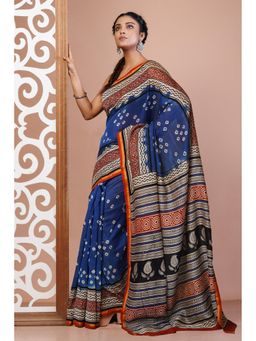 Unnati Silks - Blue Pure Bandhani Bagru Block Printed Chanderi Sico Saree with Unstitched Blouse