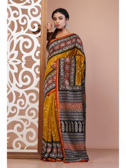 Unnati Silks - Yellow Pure Bandhani Bagru Block Printed Chanderi Sico Saree with Unstitched Blouse