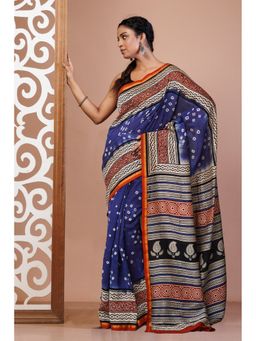 Unnati Silks - Blue Pure Bandhani Bagru Block Printed Chanderi Sico Saree with Unstitched Blouse