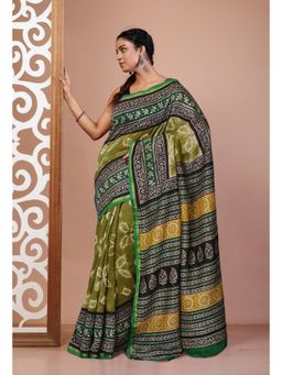 Unnati Silks - Green Pure Shibori Bagru Block Printed Chanderi Sico Saree with Unstitched Blouse