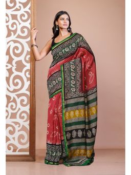 Unnati Silks - Pink Pure Shibori Bagru Block Printed Chanderi Sico Saree with Unstitched Blouse