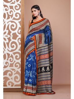 Unnati Silks - Blue Pure Shibori Bagru Block Printed Chanderi Sico Saree with Unstitched Blouse