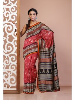 Unnati Silks - Pink Pure Shibori Bagru Block Printed Chanderi Sico Saree with Unstitched Blouse