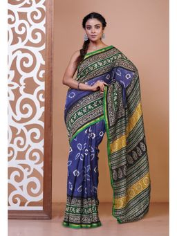Unnati Silks - Blue Pure Shibori Bagru Block Printed Chanderi Sico Saree with Unstitched Blouse