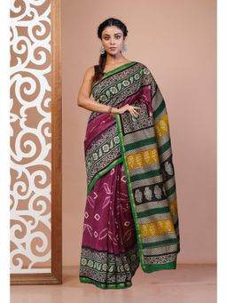 Unnati Silks - Purple Pure Shibori Bagru Block Printed Chanderi Sico Saree with Unstitched Blouse