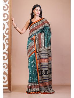 Unnati Silks - Green Pure Shibori Bagru Block Printed Chanderi Sico Saree with Unstitched Blouse