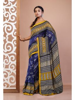 Unnati Silks - Blue Pure Shibori Bagru Block Printed Chanderi Sico Saree with Unstitched Blouse