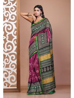 Unnati Silks - Purple Pure Shibori Bagru Block Printed Chanderi Sico Saree with Unstitched Blouse