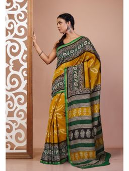 Unnati Silks - Yellow Pure Shibori Bagru Block Printed Chanderi Sico Saree with Unstitched Blouse