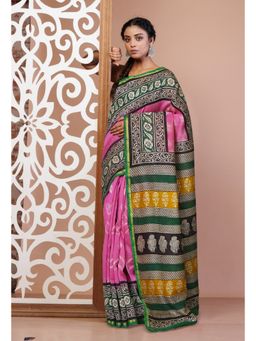 Unnati Silks - Pink Pure Shibori Bagru Block Printed Chanderi Sico Saree with Unstitched Blouse