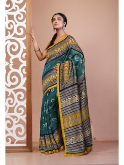 Unnati Silks - Green Pure Shibori Bagru Block Printed Chanderi Sico Saree with Unstitched Blouse