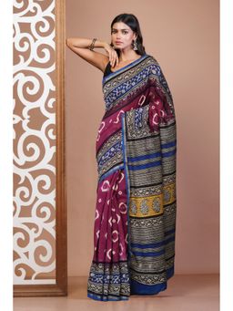 Unnati Silks - Purple Pure Bandhani Bagru Block Printed Chanderi Sico Saree with Unstitched Blouse