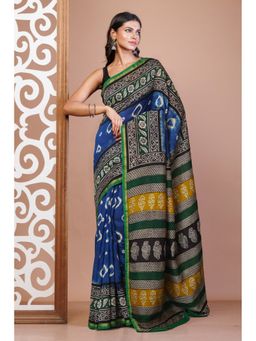Unnati Silks - Blue Pure Bandhani Bagru Block Printed Chanderi Sico Saree with Unstitched Blouse