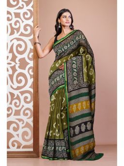 Unnati Silks - Green Pure Bandhani Bagru Block Printed Chanderi Sico Saree with Unstitched Blouse
