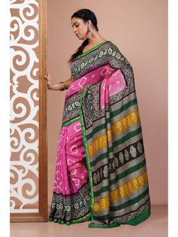 Unnati Silks - Pink Pure Bandhani Bagru Block Printed Chanderi Sico Saree with Unstitched Blouse