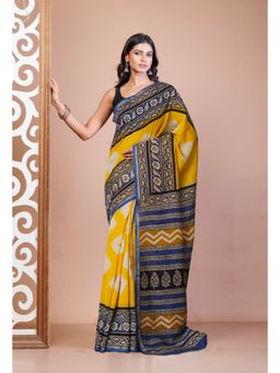 Unnati Silks - Yellow Pure Shibori Bagru Block Printed Chanderi Sico Saree with Unstitched Blouse