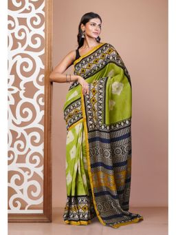 Unnati Silks - Green Pure Shibori Bagru Block Printed Chanderi Sico Saree with Unstitched Blouse
