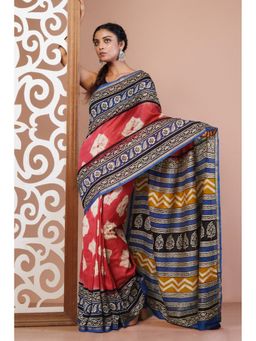 Unnati Silks - Pink Pure Shibori Bagru Block Printed Chanderi Sico Saree with Unstitched Blouse