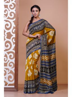Unnati Silks - Yellow Pure Shibori Bagru Block Printed Chanderi Sico Saree with Unstitched Blouse