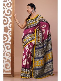 Unnati Silks - Purple Pure Shibori Bagru Block Printed Chanderi Sico Saree with Unstitched Blouse