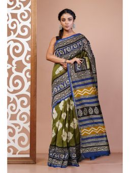 Unnati Silks - Green Pure Shibori Bagru Block Printed Chanderi Sico Saree with Unstitched Blouse
