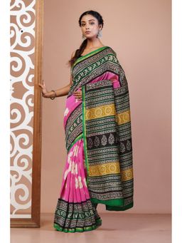 Unnati Silks - Pink Pure Shibori Bagru Block Printed Chanderi Sico Saree with Unstitched Blouse