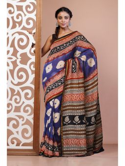Unnati Silks - Blue Pure Shibori Bagru Block Printed Chanderi Sico Saree with Unstitched Blouse