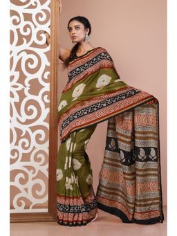 Unnati Silks - Green Pure Shibori Bagru Block Printed Chanderi Sico Saree with Unstitched Blouse