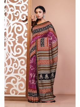 Unnati Silks - Purple Pure Shibori Bagru Block Printed Chanderi Sico Saree with Unstitched Blouse