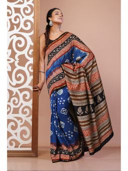 Unnati Silks - Blue Pure Shibori Bagru Block Printed Chanderi Sico Saree with Unstitched Blouse